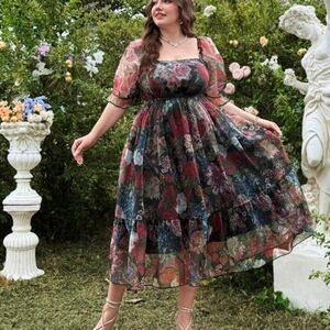 Dark floral organza tea dress
